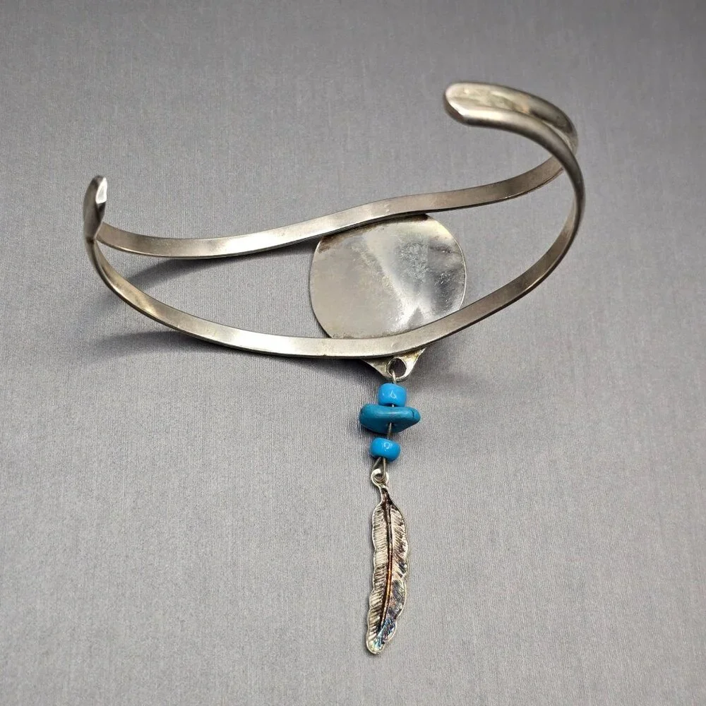 VTG Southwestern Sterling Silver Bracelet 6.75" Crushed Turquoise Feather Charm - Picture 7 of 15